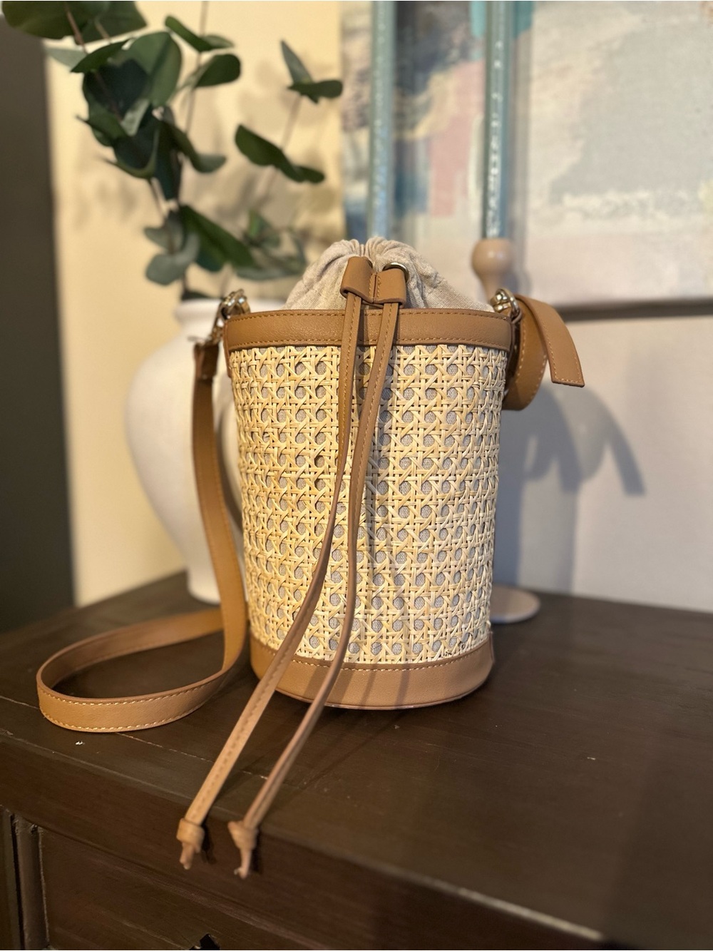 Tommy Bahama Woven Rattan Bucket Bag in Tan and Cream